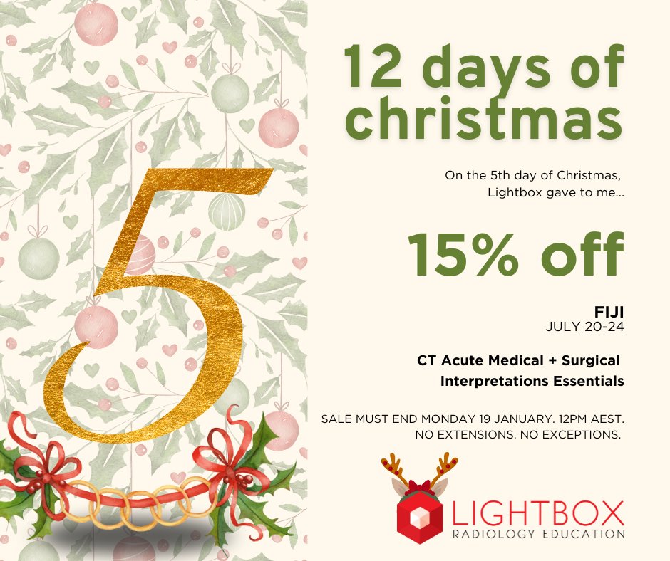 LightboxRad's tweet image. LIGHTBOX’S 12 DAYS OF CHRISTMAS
On the 5th day of Christmas, Lightbox gave to me…
15% OFF our FIJI holiday course – 20-23 July 2026.
CT Acute Medical &amp;amp; Surgical Interpretation RRP $690 NOW AUD $586.50
bit.ly/2Zio2Oa