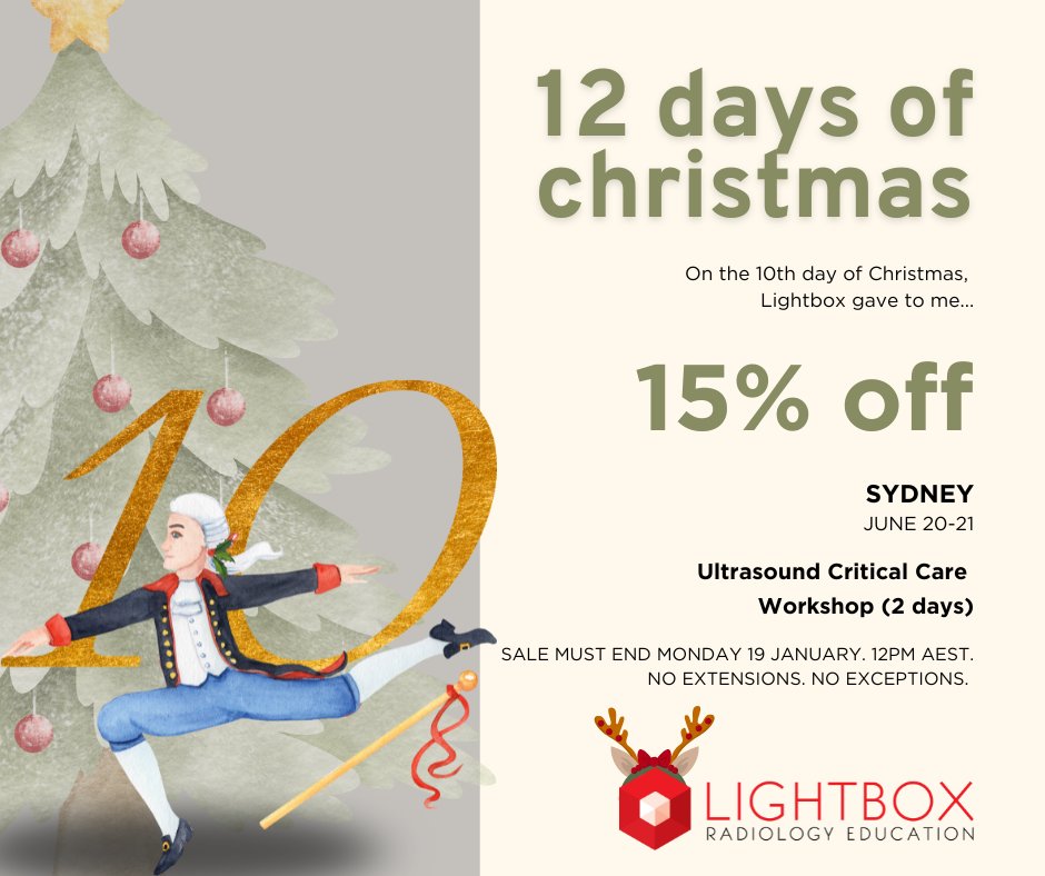 LightboxRad's tweet image. LIGHTBOX’S 12 DAYS OF CHRISTMAS

On the 10th day of Christmas, Lightbox gave to me…

15% OFF our ULTRASOUND CRITICAL CARE workshop to be held in Sydney, 20-21 June 2026.

Ultrasound Critical Care Workshop
RRP $1990 NOW AUD $1691.50
bit.ly/2mDvdMN