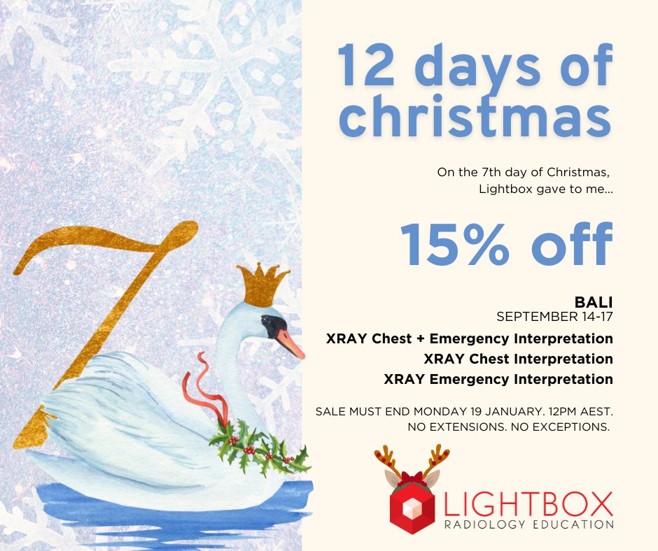 LightboxRad's tweet image. LIGHTBOX’S 12 DAYS OF CHRISTMAS
On the 7th day of Christmas, Lightbox gave to me…
15% OFF BALI  –14-17 September 2026.
X-Ray Series - CEXR, CXR &amp;amp; EXR.
bit.ly/3UmlUxs