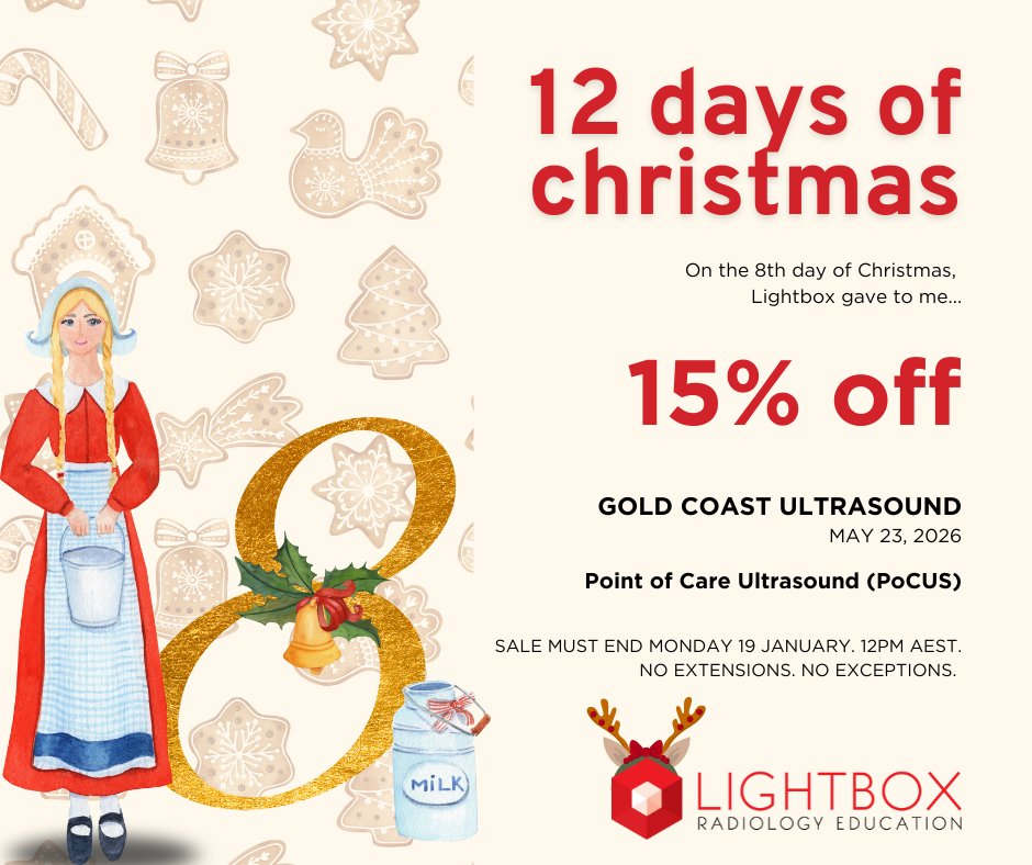 LightboxRad's tweet image. LIGHTBOX’S 12 DAYS OF CHRISTMAS
On the 8th day of Christmas, Lightbox gave to me…
15% OFF Point of Care Ultrasound (PoCUS) Workshop RRP $890 NOW $756.50
Gold Coast | 23 May 2026.  bit.ly/3YvmnSy