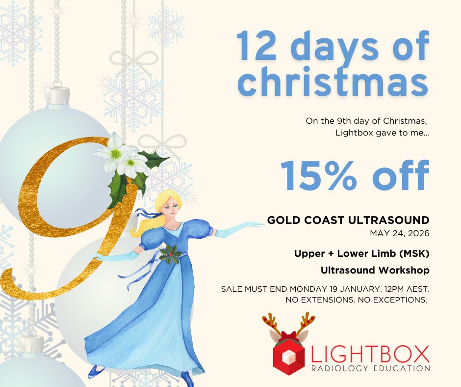 LightboxRad's tweet image. LIGHTBOX’S 12 DAYS OF CHRISTMAS
On the 9th day of Christmas, Lightbox gave to me…
15% OFF Upper + Lower Limb (MSK) Ultrasound Workshop RRP $890 NOW $756.50
Gold Coast | 24 May 2026.  bit.ly/2JDYqCz