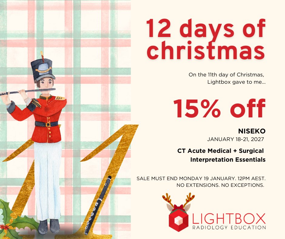 LightboxRad's tweet image. LIGHTBOX’S 12 DAYS OF CHRISTMAS
On the 11th day of Christmas, Lightbox gave to me…

15% OFF our NISEKO holiday course –18-21 January 2027. 

CT Acute Medical &amp;amp; Surgical Interpretation RRP $740 NOW AUD $629
bit.ly/2Zio2Oa