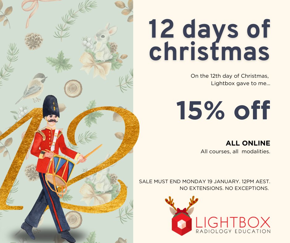 LightboxRad's tweet image. LIGHTBOX’S 12 DAYS OF CHRISTMAS

On the 12th day of Christmas, Lightbox gave to me…

15% OFF all online radiology courses. bit.ly/2IzfRTk