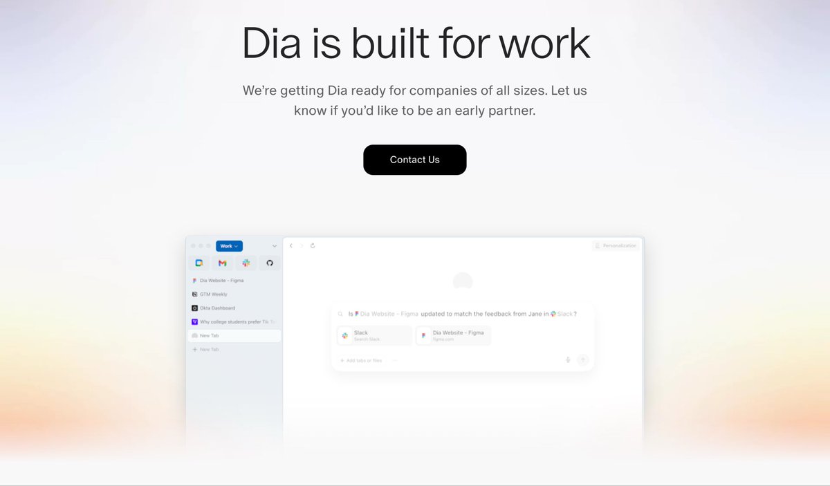 joshm's tweet image. We’ve now done the eng work required for Atlassian’s Security &amp;amp; IT teams to sign off on its employees using @diabrowser in an enterprise setting.

We’re now looking for ~10 teams (of all shapes and sizes) to design our “Dia for Companies” offering around. Interested? Please DM!
