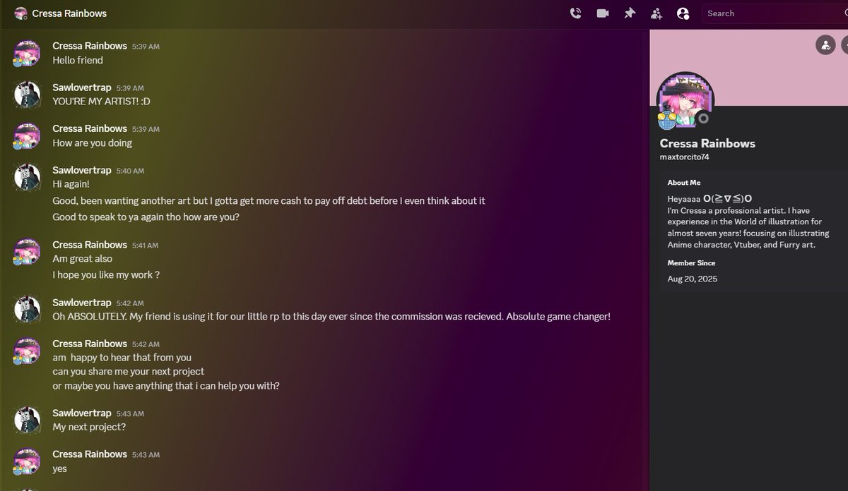 For small artist like me... I'm kinda popular eh? 😅 

Really, be careful guys this is not me whoever behind this discord account 🚫🚫🚫

Also this is embarassing, my english is not that stupid. This is straight google translate english lol .·°՞( ̑ ᗜ ̑ )՞°·. 

#smallartist