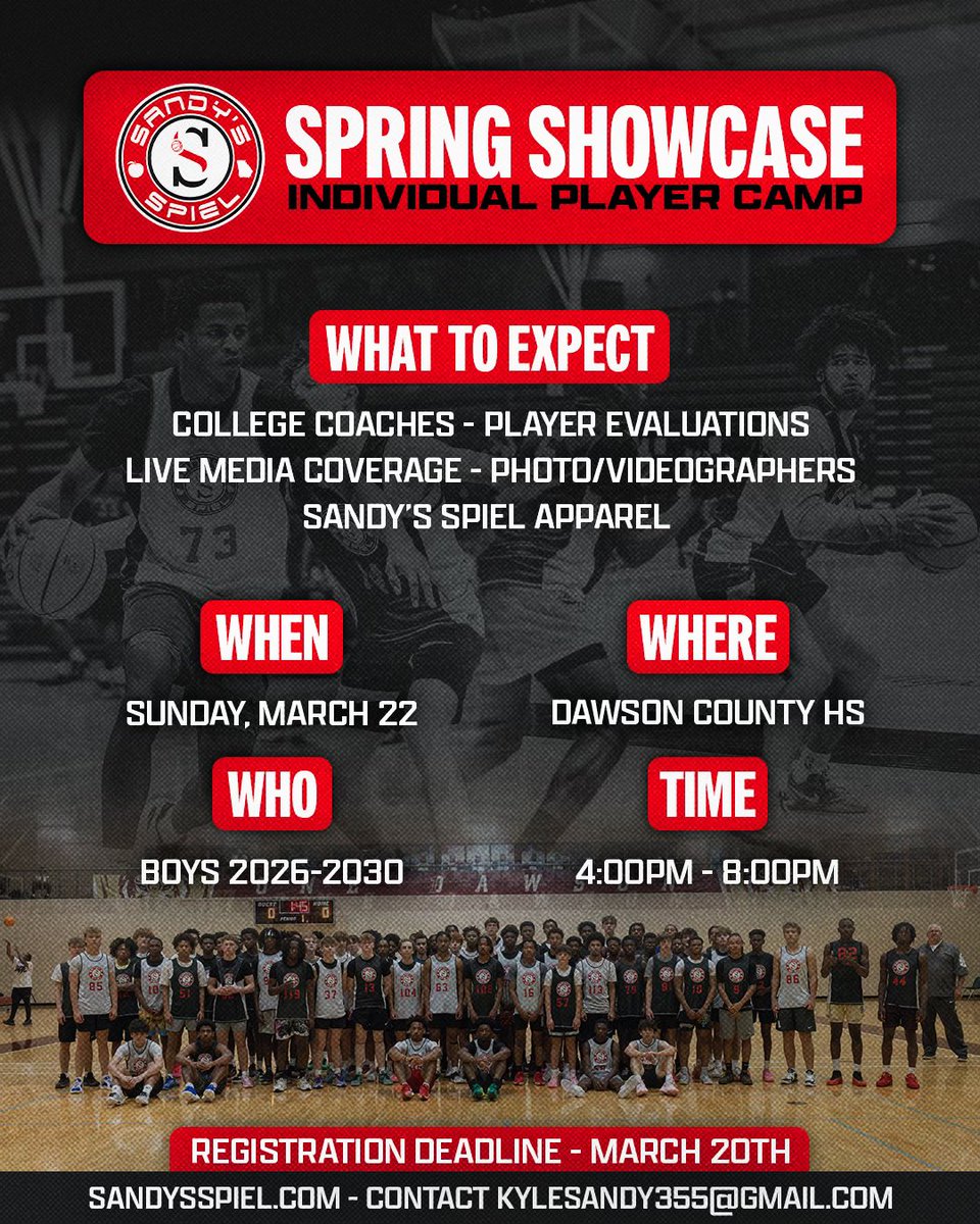 KyleSandy355's tweet image. #SandysSpielSpringShowcase Year 5
🗓 March 22
📍 Dawson County HS
⏰ Girls 10 AM; Boys 4 PM

🗣 C/O 2026-2030🗣 
⚠️ Registration Deadline: March 20

162 campers boosted their exposure before travel ball in 2025!

GIRLS: sandysspiel.redpodium.com/2026-sandys-sp…

BOYS: sandysspiel.redpodium.com/2026-sandys-sp…