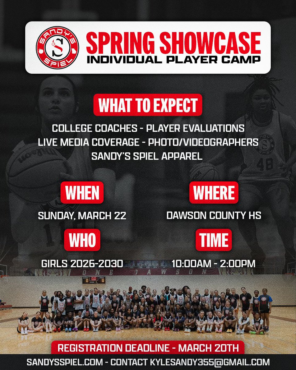 KyleSandy355's tweet image. #SandysSpielSpringShowcase Year 5
🗓 March 22
📍 Dawson County HS
⏰ Girls 10 AM; Boys 4 PM

🗣 C/O 2026-2030🗣 
⚠️ Registration Deadline: March 20

162 campers boosted their exposure before travel ball in 2025!

GIRLS: sandysspiel.redpodium.com/2026-sandys-sp…

BOYS: sandysspiel.redpodium.com/2026-sandys-sp…