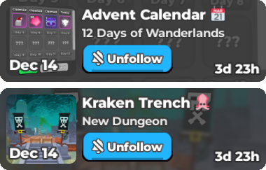 WanderlandsRPG's tweet photo. 📅 Event Panels have been updated in-game! 🦑 

Challenge Mode 🦃 is still available to play! https://t.co/eUJM9TCSt2