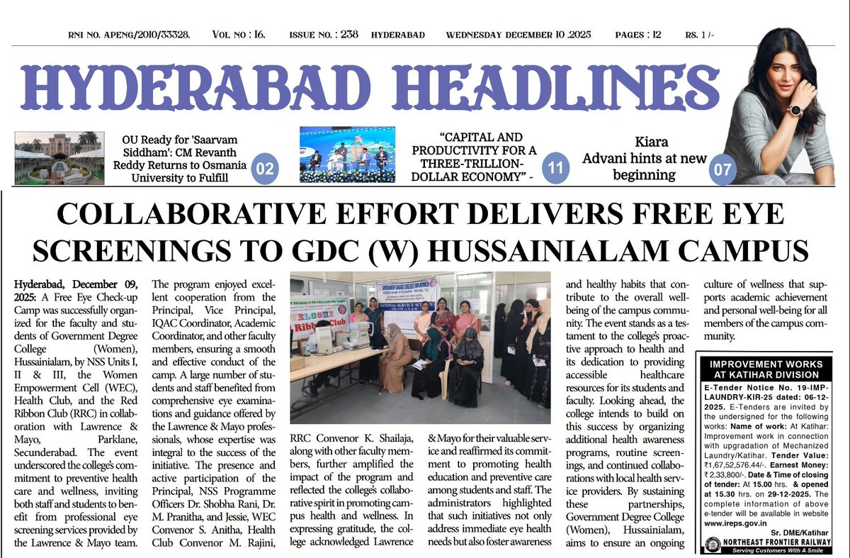 A heartwarming Free Eye Check-up Camp at Government Degree College (Women), Hussainialam, in partnership with Lawrence &amp; Mayo. A testament to community care and campus wellness. <a href="/EduMinOfIndia/">Ministry of Education</a> 
#EyeHealth #Hyderabad