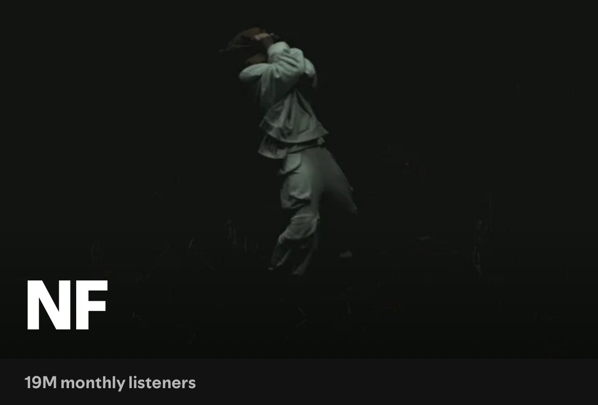NF at 19M Spotify Monthly Listeners 🥶 
20M next 💪 #RealMusic