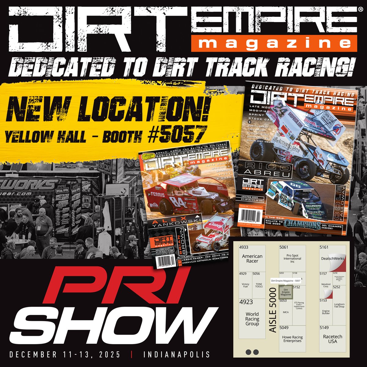 Come see us at our new location at PRI - Booth #5057 in the Yellow Hall - right next to the IMCA and World Racing Group booths!! pri2025.mapyourshow.com/8_0/floorplan/…