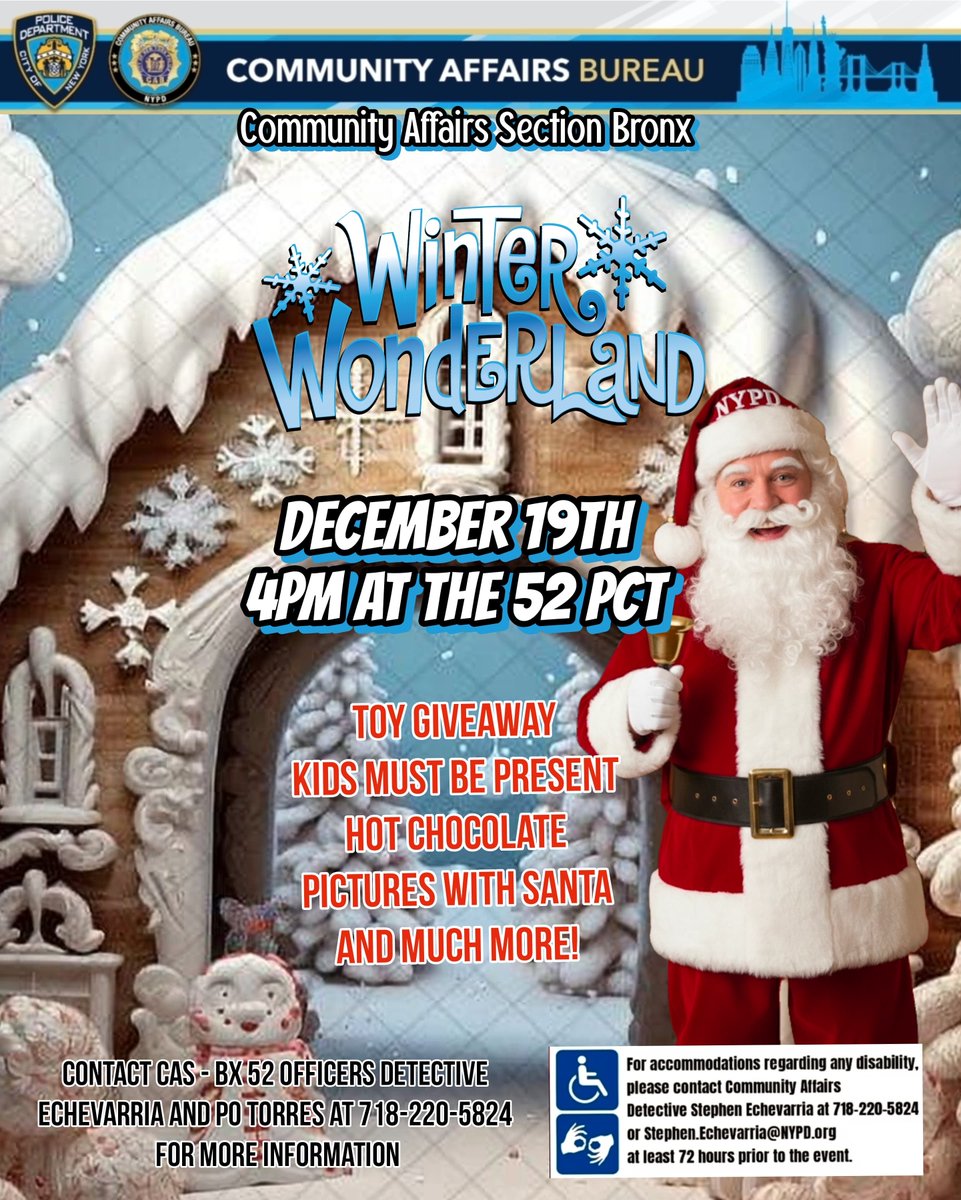 🎄 Join us for our Holiday Winter ❄️ Wonderland event on December 19, 2025 at 4pm. The location will be in front of 3016 Webster Avenue. Toys will be available for children ages 4-12 while supplies last. Children must be present. 🎅 🎁