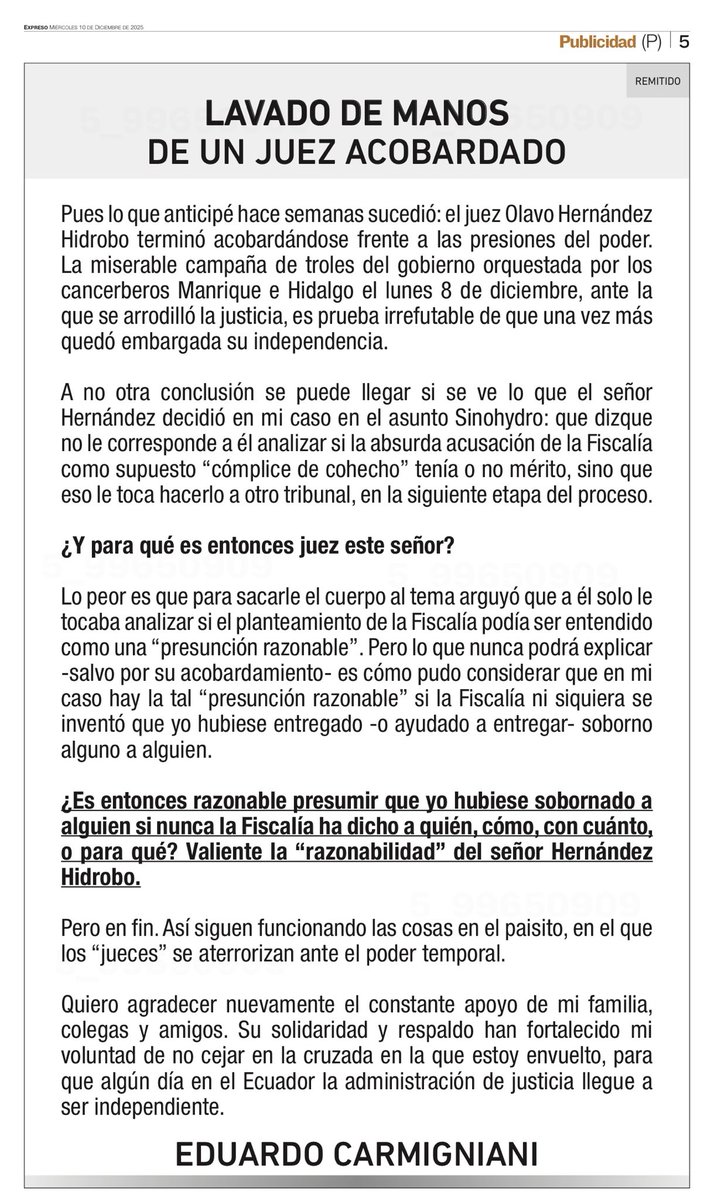 “Presunción razonable” de un cohecho a un fantasma. Valiente presunción del acobardado juez Hernández. El único fantasma aquí fue Jarrín, quien lo acobardó junto con su granja de troles.