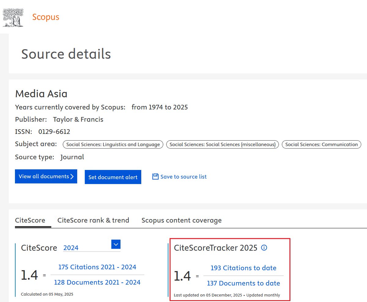 STATUS REPORT: Media Asia's Scopus CiteScoreTracker 2025 (as of December 9) is 1.4 (or 193 citations from 137 documents).