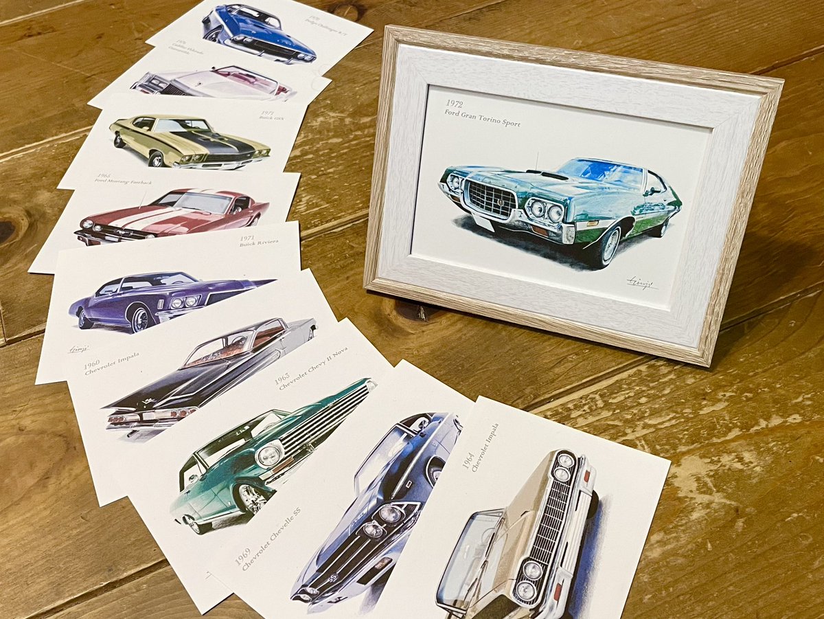 ginji_matsubara's tweet photo. クリマまであと３日！
好評だった36作品をポストカードにしました✏️
お好みのアメ車とフレームを組み合わせて額装もOK✨
出来たての新作を携えて参上いたします🚙

12/13(土) 14(日) 11:00〜18:00
🛳️ ポートメッセなごや
🎪 ３号館【B-29】

#アメ車 #水彩色鉛筆画
#クリマ #クリエーターズマーケット https://t.co/UM3JrotMyl