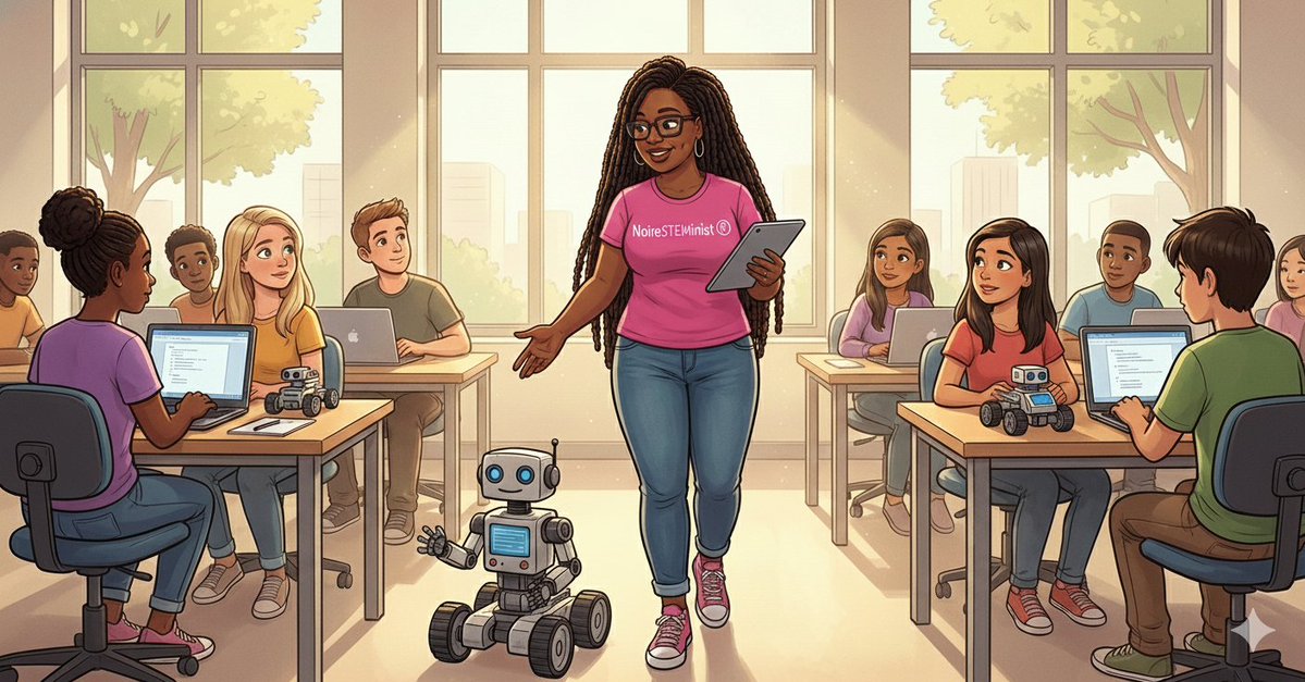 DrCABerry's tweet image. Coding isn’t optional in #robotics and #AI, it’s the superpower that turns ideas into movement, vision, and autonomy. If we want tech to reflect all communities, we need all communities writing the code. #NoireSTEMinist #RoboticsForTheStreets #STEMEducation #CSEdWeek #CSPowersAI