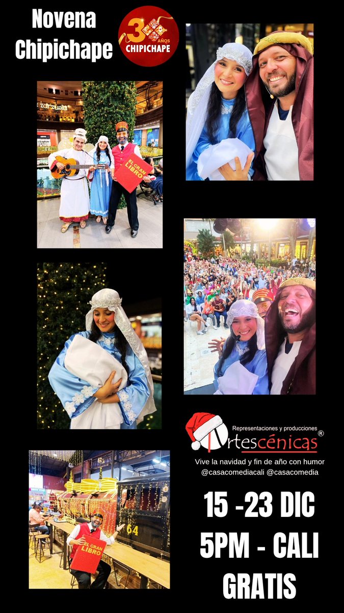 showcomedy's tweet image. Atención CALI. Desde este 15  de diciembre a las 5PM Artescénicas estará en Chipichape durante 9 noches presentando "El Parche de la Novena de Navidad" con humor y muchas sorpresas!! Totalmente Gratis!!! un evento de Chipichape celebrando sus 30 años. Te esperamos! @Chipichape
