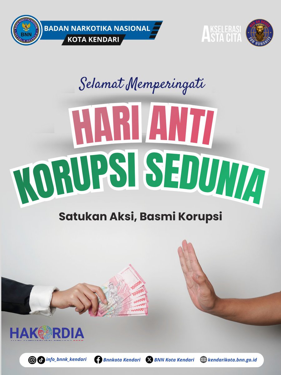 Hari Anti Korupsi Sedunia: Pengingat bahwa integritas adalah fondasi utama dalam mewujudkan pemerintahan yang bersih dan melayani.

Integritas adalah kekuatan kita!

Humas BNN Kota Kendari

#HariAntiKorupsiSedunia 
#HAKORDIA 
#Integritas 
#LawanKorupsi