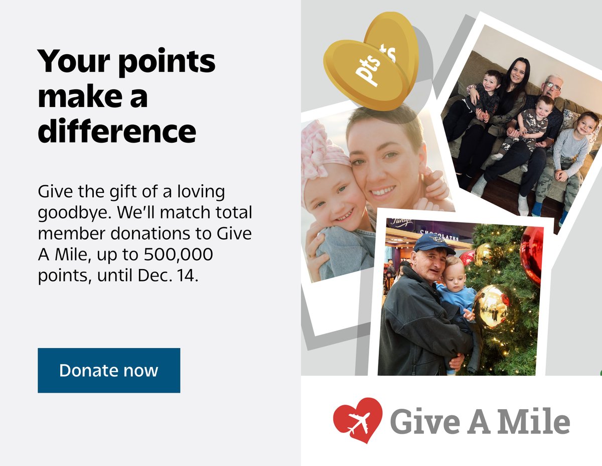 Double your impact! ✈️ Join us from Dec 8-14, 2025, as <a href="/AirCanada/">Air Canada</a> <a href="/Aeroplan/">Aeroplan</a>
matches your donations to @GiveAMile. 
Every point counts!

Donate Today: donatepoints.aircanada.com/charity/515

#Aeroplan  #PalliativeCare