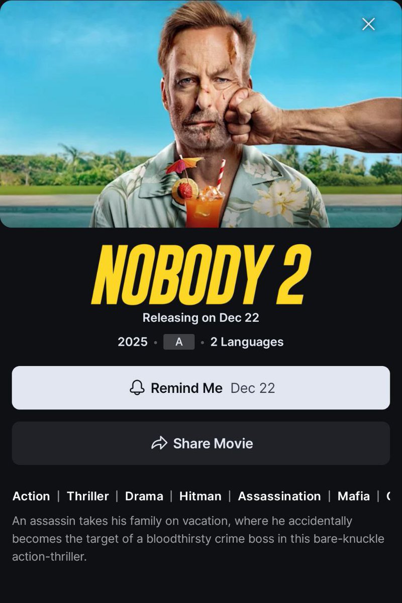 aliieee_malik's tweet photo. 🚨 BREAKING: Nobody 2 (2025) Will Be Available On JioHotstar In English and Hindi From December 22.

🍅 Rotten Tomatoes: 77%
⭐️ IMDb: 6.3/10 https://t.co/Ux1VltEzar