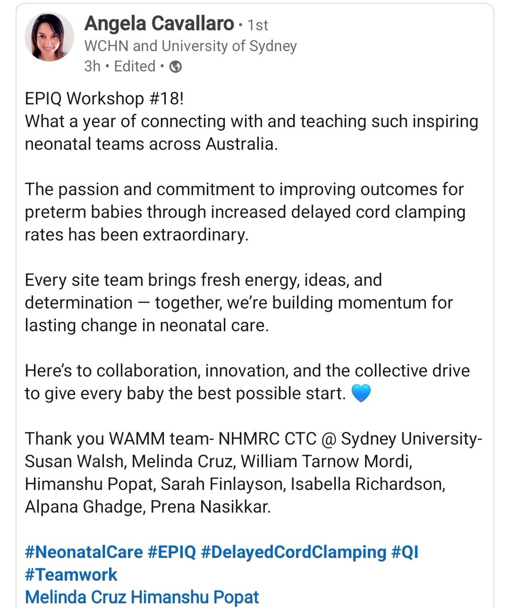 melinda_cruz's tweet image. #WAMM Wait a minute or more trial.
18 Australian hospitals. 
18 full day EPIQ training days complete in this step-wedged implementation trial to increase the number of seconds of delayed cord clamping for preterm babies 👏🏼
@TrialsCentre #DCC #QI #livedexperience