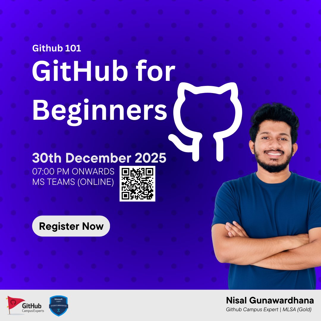 thenisals's tweet image. Whether you&apos;re a student or a new developer, learning GitHub is a MUST!
Join me on 30th December 2025 — 7 PM onward for a beginner-friendly walkthrough of GitHub basics.
🎯 Perfect for anyone starting their tech journey!

🔗 Register now - nisalgunawardhana.com/events
🔗 WhatsApp -…