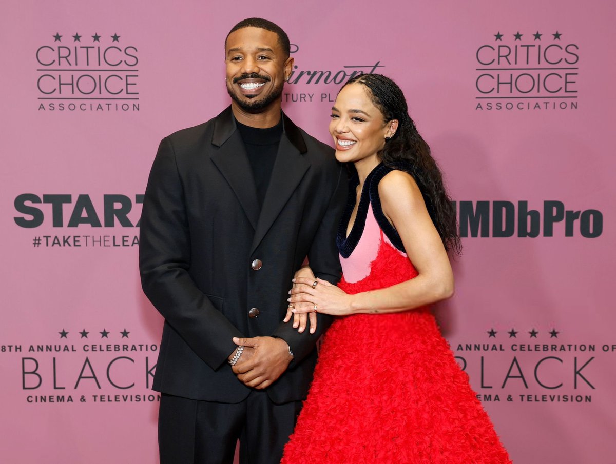 bjordanfiles's tweet photo. michael b. jordan and tessa thompson on the red carpet at the critics choice celebration of black cinema &amp; tv. https://t.co/JKrrr0mGKA