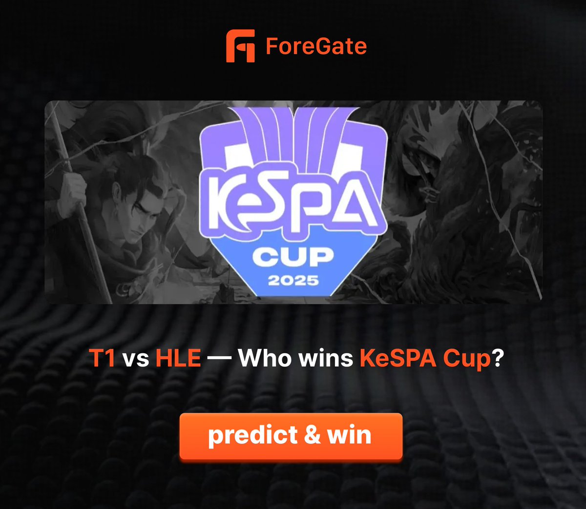 $100 USDT Giveaway✨

T1 vs HLE — Who wins KeSPA Cup?

5 winners × $10 USDT each
Predict on ForeGate today → instantly $20 each!

3-sec rules:
🔸Follow <a href="/fore_gate/">ForeGate</a>
🔸Reply your choice + reason with #ForeGate 
🔸RT &amp; tag your team: <a href="/T1LoL/">T1 LoL</a> or <a href="/HLEofficial/">Hanwha Life Esports</a> 

28h only • Sign up &amp;