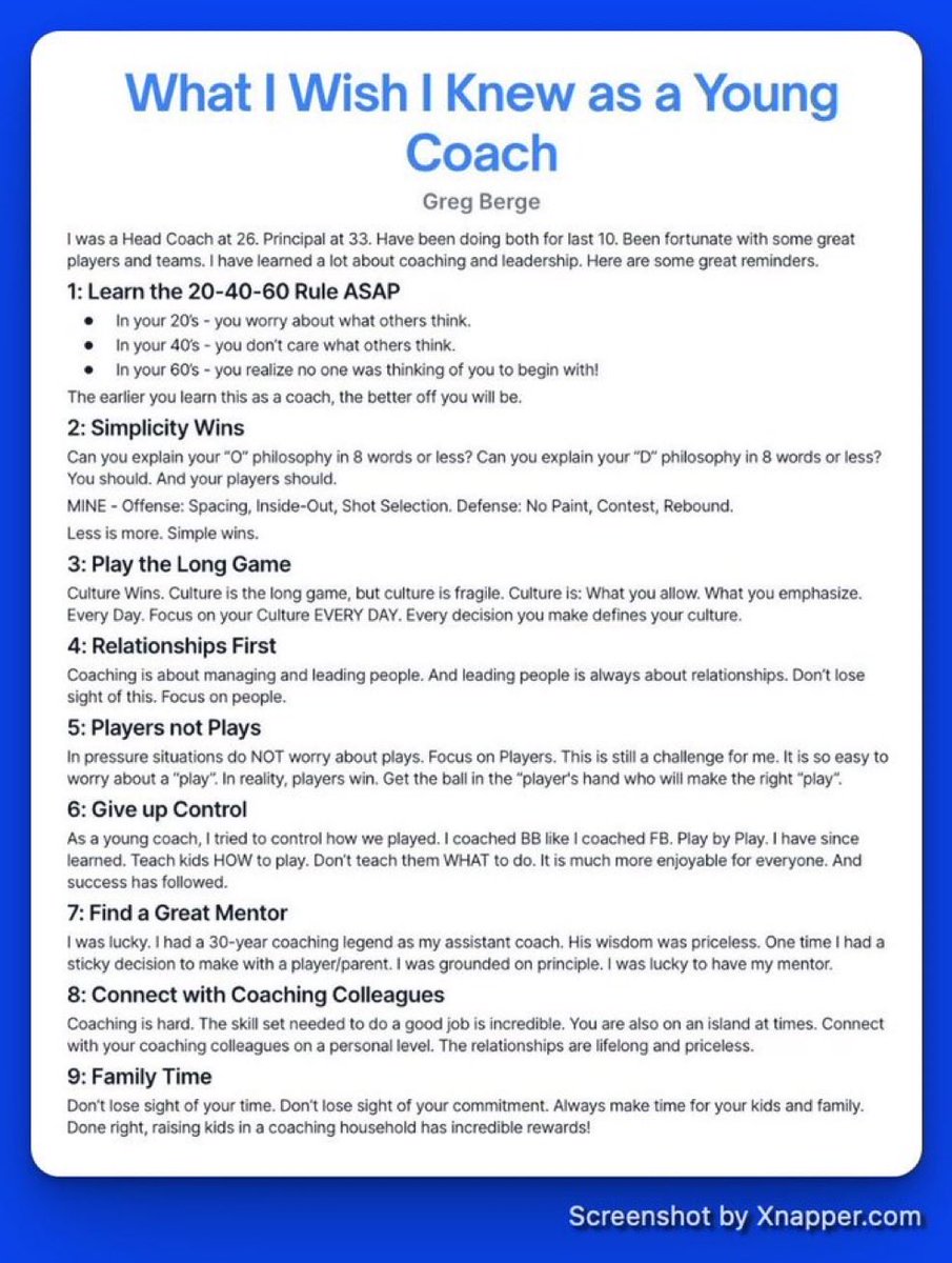 What every young coach needs to hear…

Stop caring what others think
Keep everything simpler
Build culture daily
Put relationships first
Develop players, not plays
Find mentors early
Protect family time

Learn this faster. Win sooner.👇