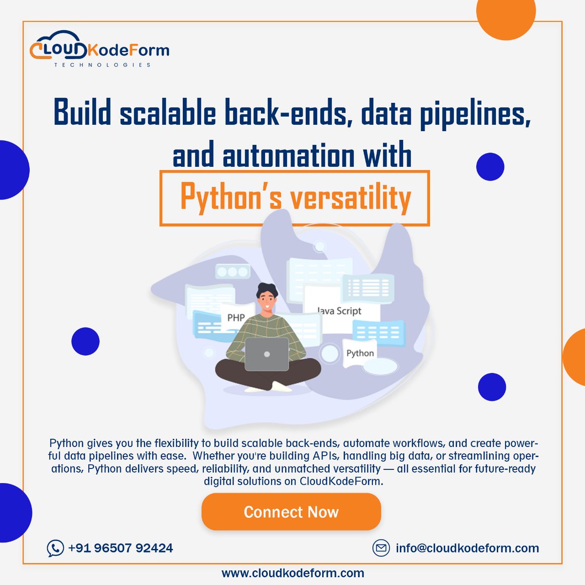 cloudkodeform's tweet image. Build Powerful Back-Ends, Data Pipelines &amp;amp; Automation with Python’s Versatility
Python has quietly become the engine behind modern digital, and at CloudKodeForm Technologies. 
Contact :
🌐Website: cloudkodeform.com
Email: info@cloudkodeform.com
Ph: +919650792424
#PythonDev