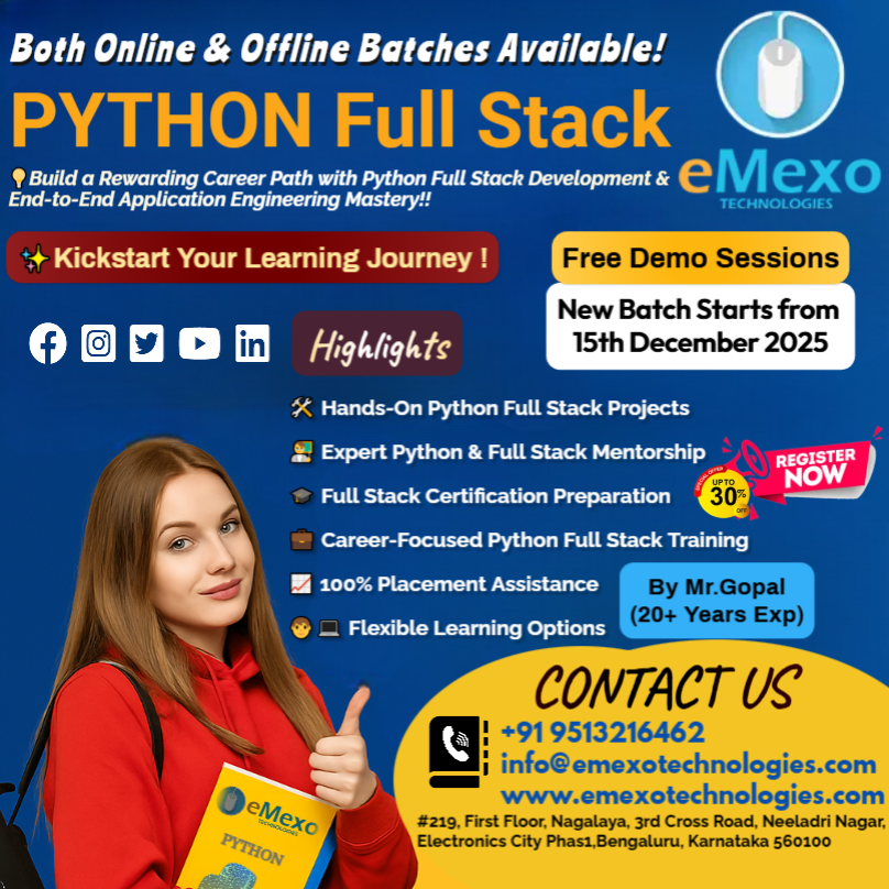 eMexo_Tech_SEO's tweet image. Python Full Stack Training in Electronic City, Bangalore🐍–eMexo Technologies!
Calling All Future Full Stack Developers! @everyone @highlight @followers
📞Call/WhatsApp: +91 9513216462
📧Email: info@emexotechnologies.com
🔗Course Detail: emexotechnologies.com/courses/full-s…
🔖#PythonFullStack