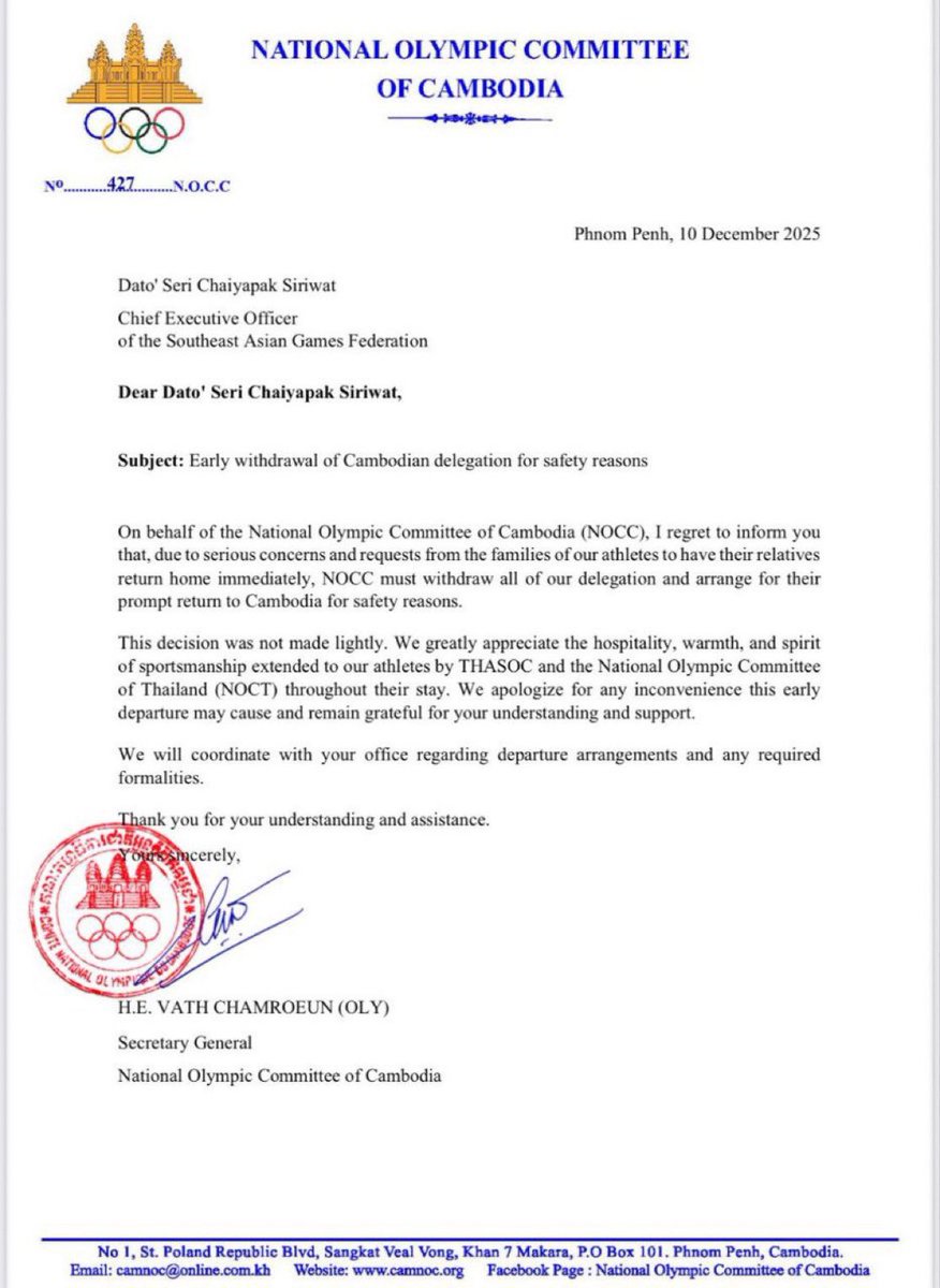 🚨BREAKING: 🇰🇭CAMBODIA HAS WITHDRAWN ITS ENTIRE DELEGATION FROM SEAGAMES 2025 ONE DAY AFTER OPENING, CITING SAFETY ISSUES.

💔😞