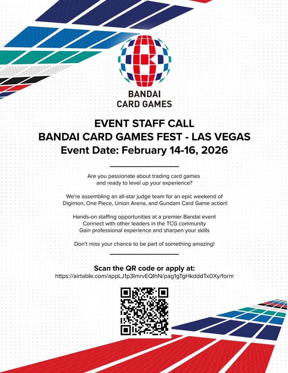 Good evening, Judges!
We’re gearing up for an incredible weekend at BCF Las Vegas, and we’re looking for passionate, certified judges from any of the Bandai TCGs to join our event team!
If you love the games, enjoy supporting the community, and want to be part of one of the most