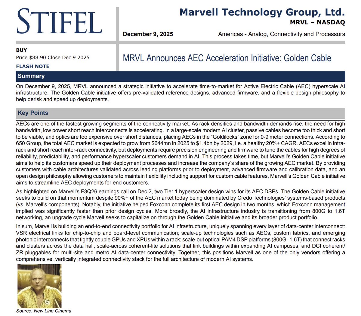 $MRVL Marvell Technology Group - Announces AEC Acceleration Initiative: Golden Cable

Summary: On December 9, 2025, MRVL announced a strategic initiative to accelerate time-to-market for Active Electric Cable (AEC) hyperscale AI infrastructure. The Golden Cable initiative offers