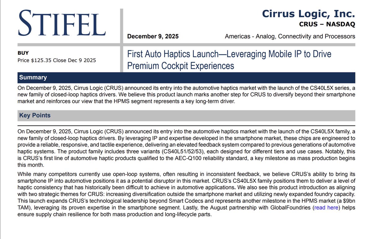 $CRUS Cirrus Logic - First Auto Haptics Launch—Leveraging Mobile IP to Drive Premium Cockpit Experiences