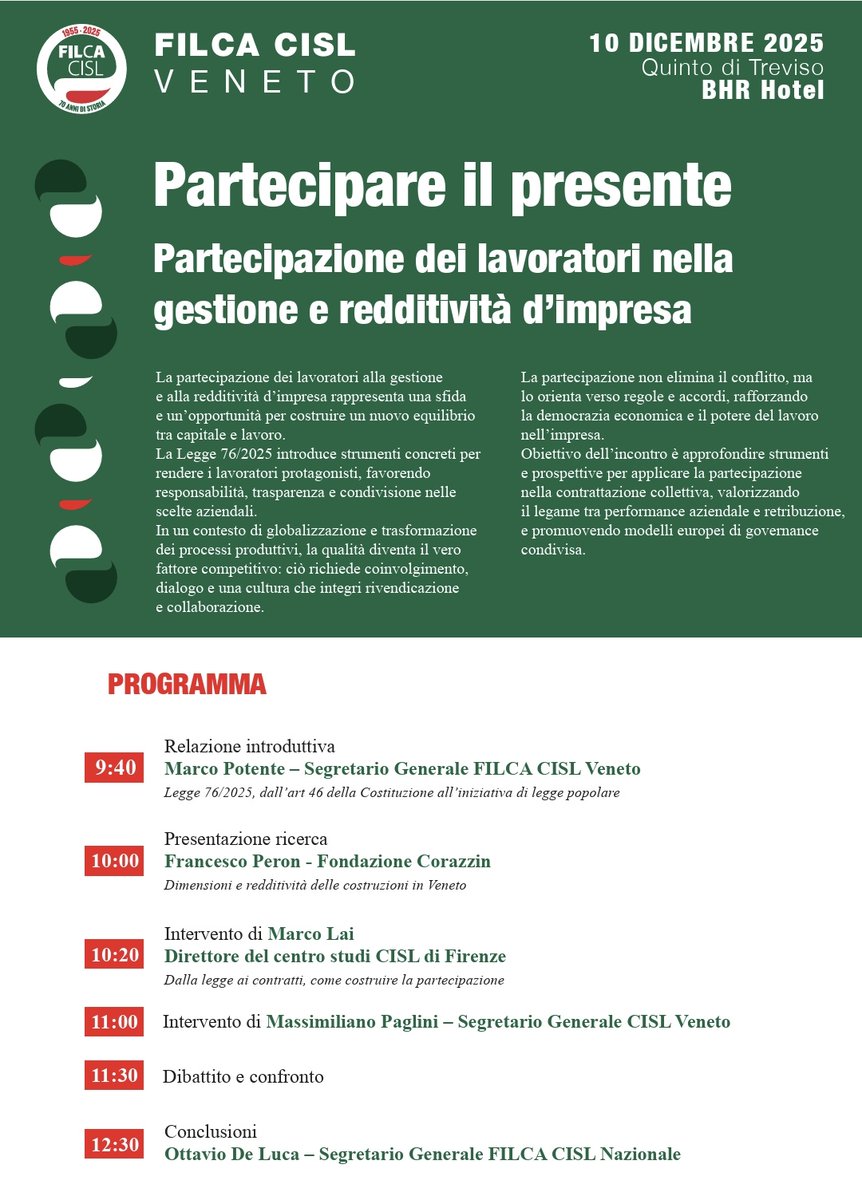 A Quinto di Treviso importante iniziativa della Filca #Veneto sul tema della #partecipazione, con il segretario generale Ottavio De Luca. Presenti i segretari generali veneti Massimiliano Paglini (#Cisl) e Marco Potente (Filca) e Marco Lai, direttore Centro Studi Cisl di Firenze.