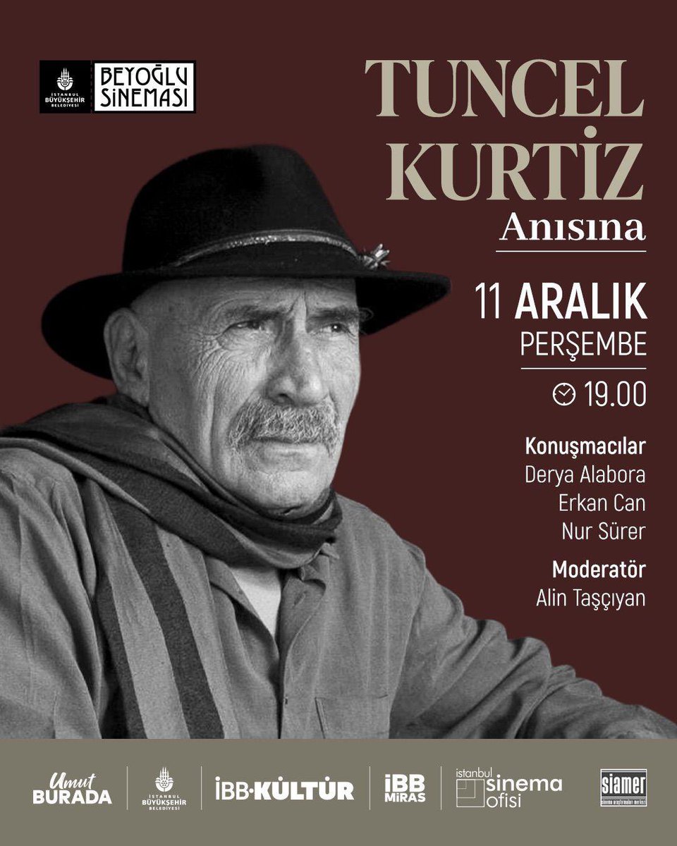 SİAMER, Beyoğlu Sineması iş birliğiyle yarın, 11 Aralık 2025 Perşembe günü oyuncu, tiyatrocu, senarist, yapımcı, seslendirme sanatçısı Tuncel Kurtiz’i Alin Taşçıyan’ın moderasyonu, Derya Alabora, Erkan Can ve Nur Sürer’in katılımıyla anıyor ve ustaya sevgilerimizi gönderiyoruz…