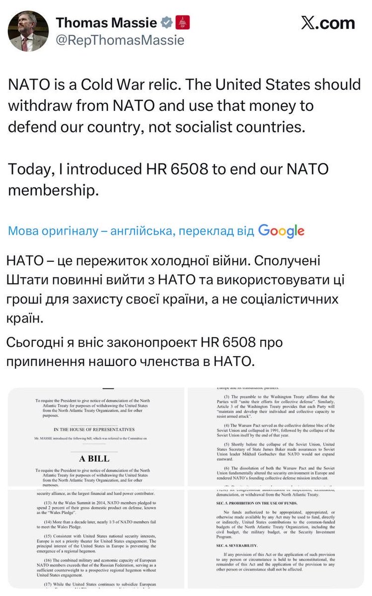 jurgen_nauditt's tweet image. NATO says goodbye to the US.

"Today I introduced a bill to end our NATO membership," said Republican Thomas Massie.

"NATO is a relic of the Cold War. The United States should leave NATO and use that money to protect its own country, not socialist countries."