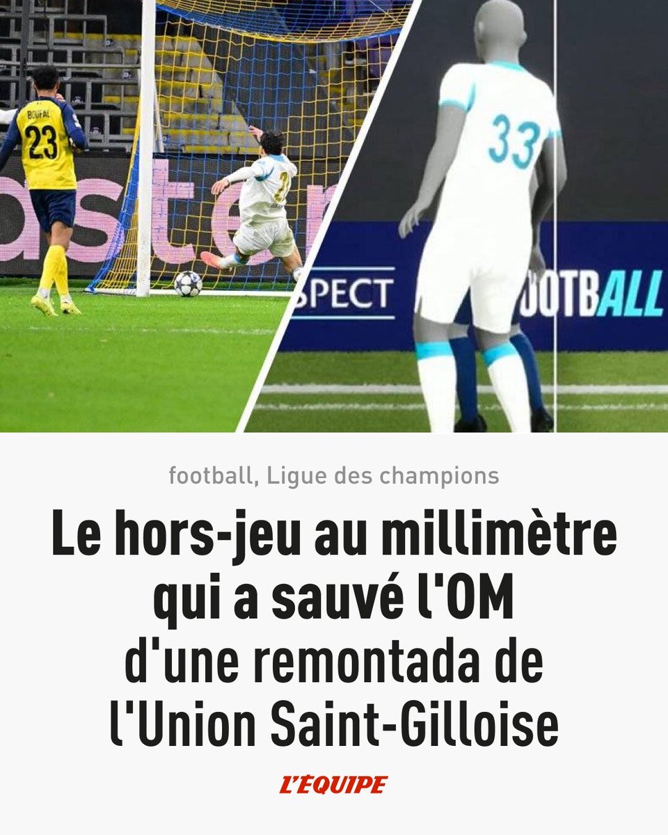 lequipe's tweet image. Selon le VAR, Emerson ne couvrait pas Kevin Mac Allister sur le but qui aurait pu offrir l'égalisation à l'Union Saint-Gilloise face à l'OM, mardi en fin de match.
➡️ l.lequipe.fr/ZqL