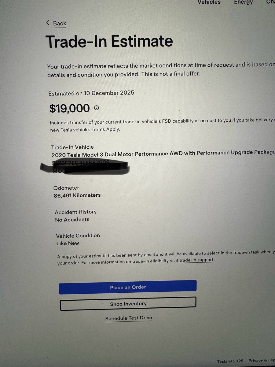 I bought a HW3 Model 3 Performance with FSD in 2019. Tesla offered me free FSD transfer and $5k off a new vehicle. I booked a test drive of a Model Y. I then checked a trade in estimate (this is AUD). Needless to say, I will be cancelling my test drive.