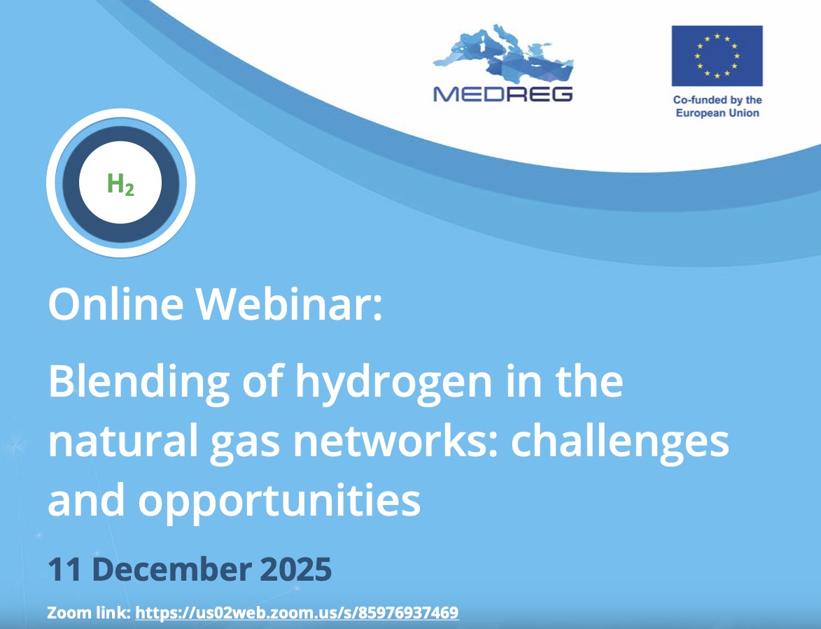 On 11 Dec, <a href="/Medreg_energy/">MEDREG - Mediterranean Energy Regulators</a>’s #GreenHydrogen Task Force hosts a webinar on “Blending of hydrogen in natural gas networks.” Dr Mustapha Taoumi from EU-funded <a href="/medgem_network/">MED-GEM Network</a> will kick off with a vision of H₂ blending and Southern Mediterranean perspectives.