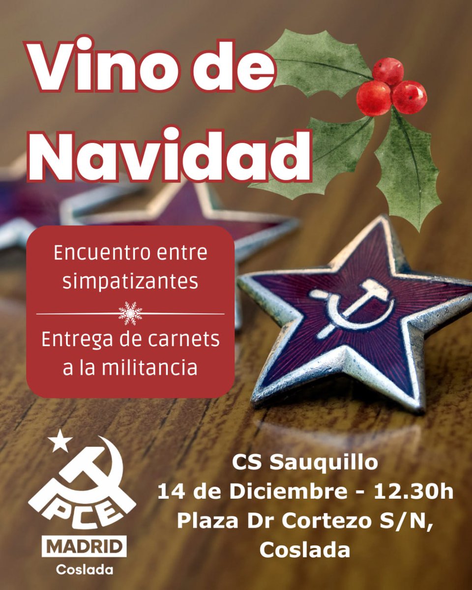 🎄¡No te pierdas este domingo 14 de diciembre el Vino de Navidad del PCE en Coslada!
🍻Tomaremos el aperitivo en un buen ambiente, charlando con amigos, simpatizantes y militantes del Partido.
 
¡Os esperamos!

<a href="/elpcm/">Partido Comunista de Madrid</a>