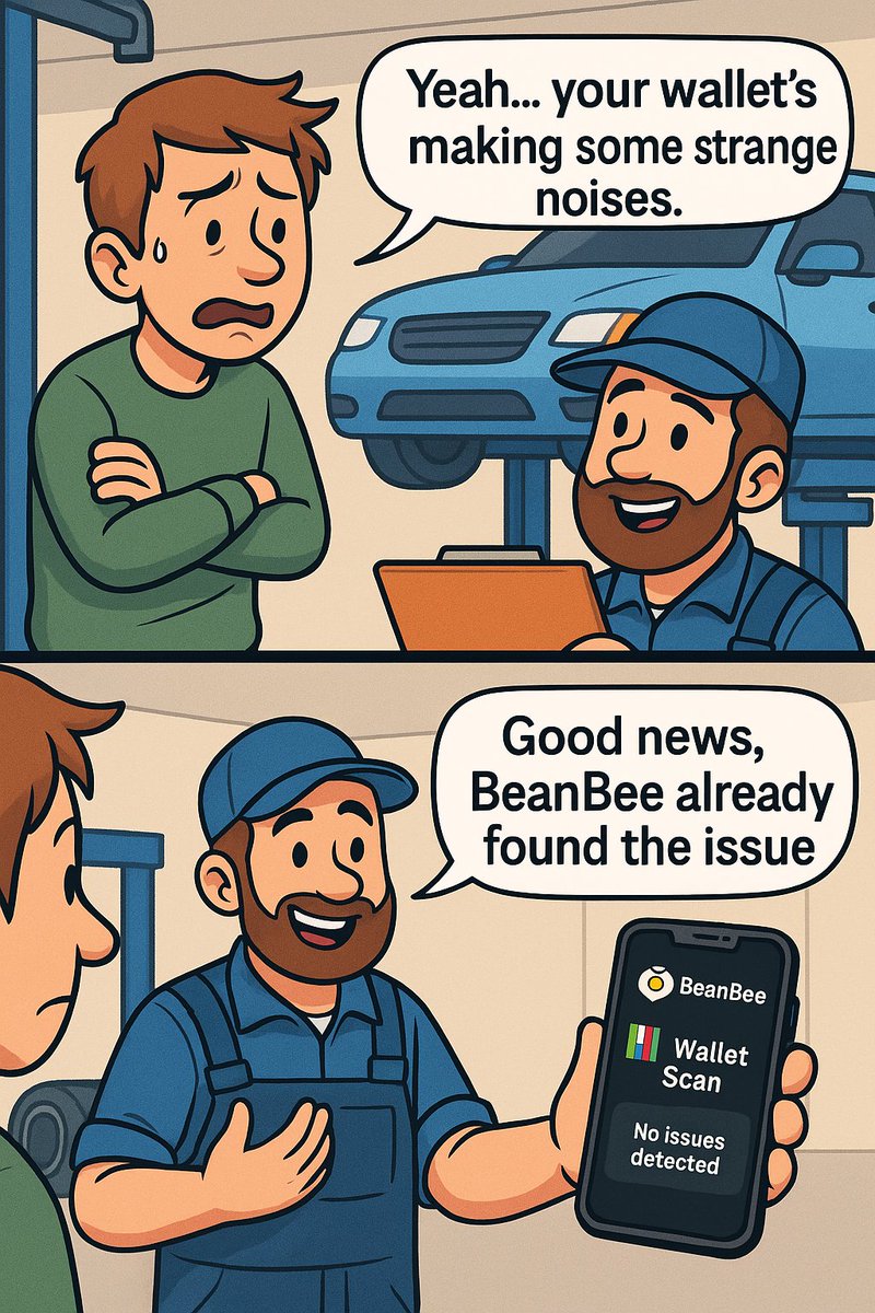 Kibebrain's tweet photo. When your wallet starts “acting funny” and you don’t know what’s wrong 🚗💀
Mechanic: “Yeah… something’s not right.”
BeanBee: “Relax, I already found the issue.” 🐝🔍

Wallet Scan really works like a full diagnostic tool.
#BeanBeeBot #UseCaseWeek #WalletScan https://t.co/UqoDayV6Ai
