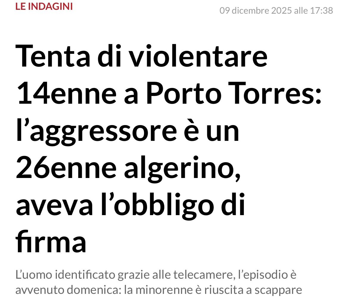 ++ Aggiornamento ++

A Porto Torres, in pieno centro, il 7 dicembre scorso, una ragazzina di 14 anni era stata bloccata da un 26enne algerino che l'ha afferrata per i capelli, per poi palpeggiarla. 

L’uomo, con precedenti penali legati all’uso di sostanze stupefacenti, è stato
