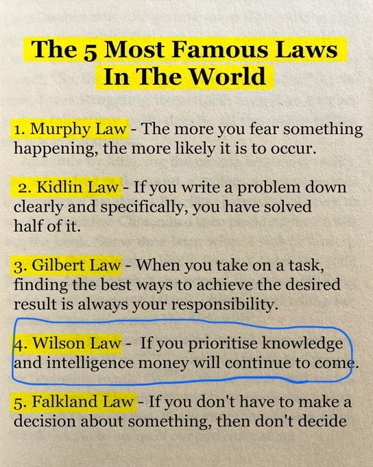 Dünyanın en ünlü 5 yasası

1. Murphy Yasası: Bir şeyin olmasından ne kadar çok korkarsanız, o şeyin olma ihtimali o kadar artar

2. Kidlin Yasası: Bir problemi açık ve net bir şekilde yazdığınızda aslında onun yarısını çözmüş olursunuz

3. Gilbert Yasası: Bir işi yapmayı kabul