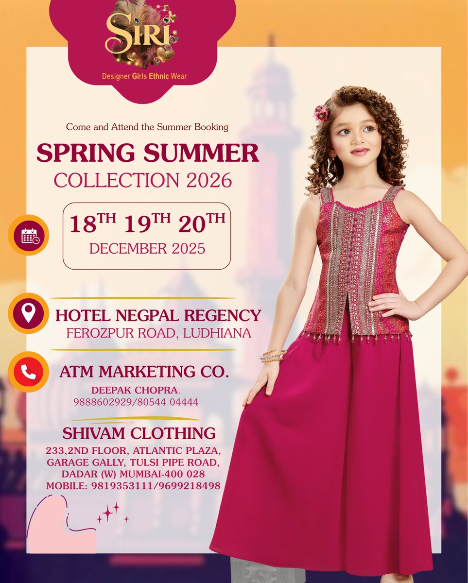 EthnicwearSiri's tweet image. Spring Summer vibes loading… Join us in Punjab for an exclusive SIRI showcase ✨🌸
#SpringSummer2026 #SiriKidsWear #PunjabEvent #LudhianaFashion #KidsEthnicWear #DesignerGirlsWear #KidsFashionIndia #EthnicWear2026 #FashionExhibition #SiriCollection #BookingOpen
