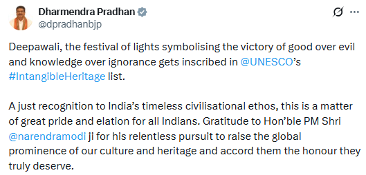 ArgusNews_in's tweet image. Union Minister Dharmendra Pradhan hailed Deepawali’s inclusion in UNESCO’s #IntangibleHeritage list, calling it a tribute to India’s civilisational ethos and expressing pride for the nation; he thanked PM Narendra Modi for promoting India’s culture globally.

#Deepawali #UNESCO