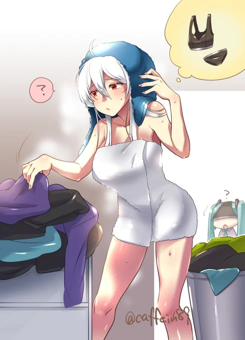 積まれた服の山からまだ洗ったばかりの下着を探す風呂上がりの弱音ハク(Skeb依頼)