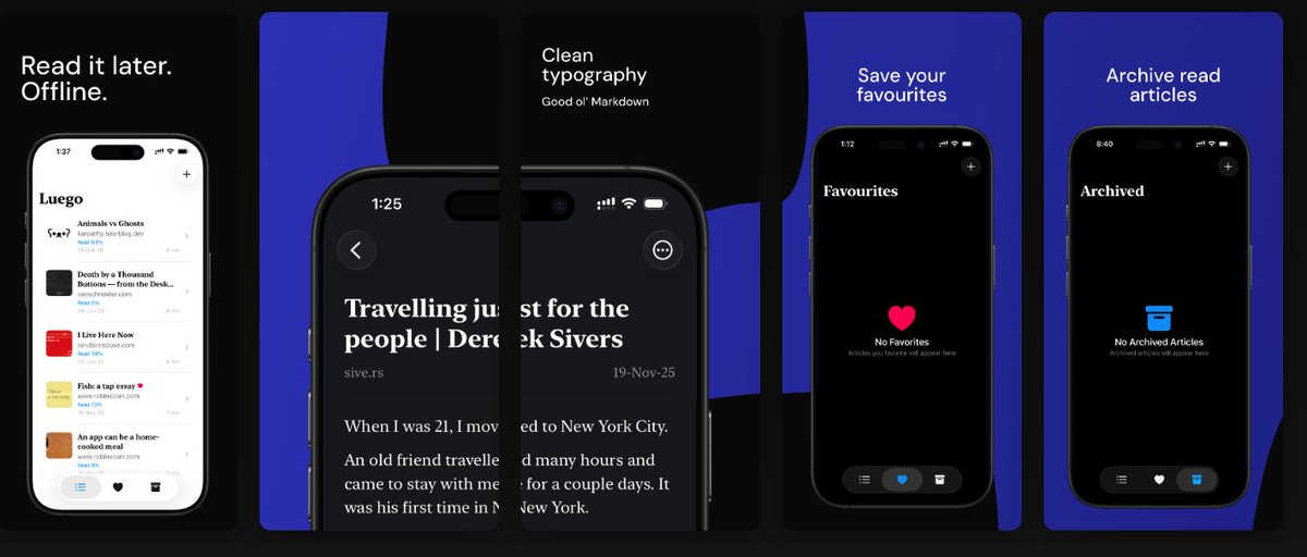 ES0XJEM's tweet photo. Since Mozilla shut down Pocket, I've been struggling to find a read-it-later app I was happy with. 

So I just "home-cooked" Luego 🍳

✨ Open-source
📱 Offline
🎨 Minimal 

Beta → https://t.co/AAnRRr4dKd  

Built this for me. Maybe you'll like it too? https://t.co/uKNdxNGeAC