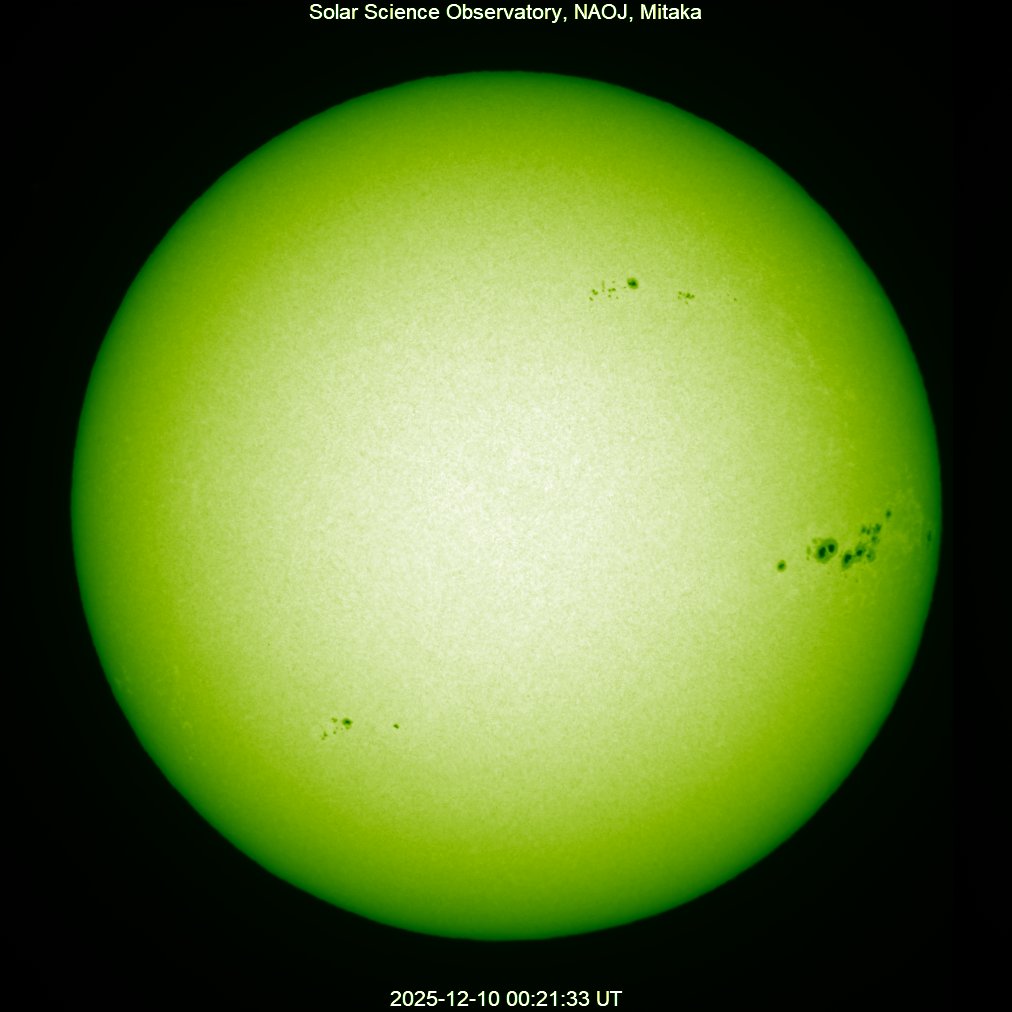 本日の太陽】2025-12-10の太陽黒点 北半球g=3,f=21,R=51 南半球g=6,f